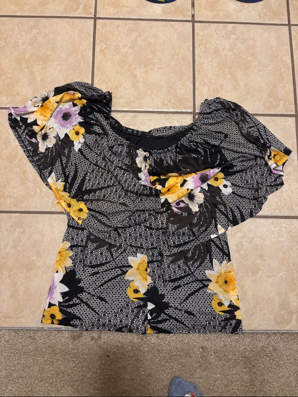 Black Floral Off-Shoulder Women's Top with Yellow Accents